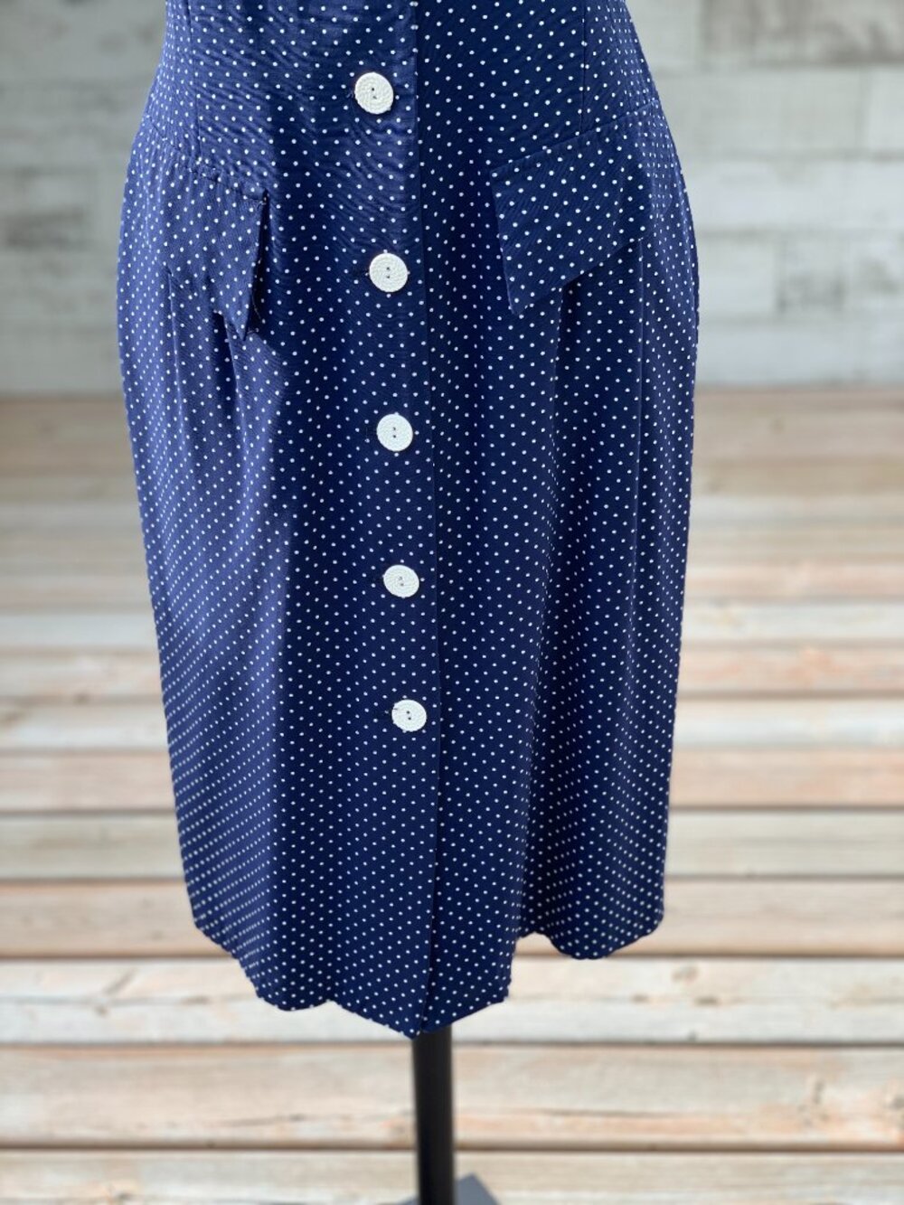 Vintage Polka Dot Shirtwaist Dress S/M Navy White Button Modest Rockabilly Pinup - Picture 3 of 16